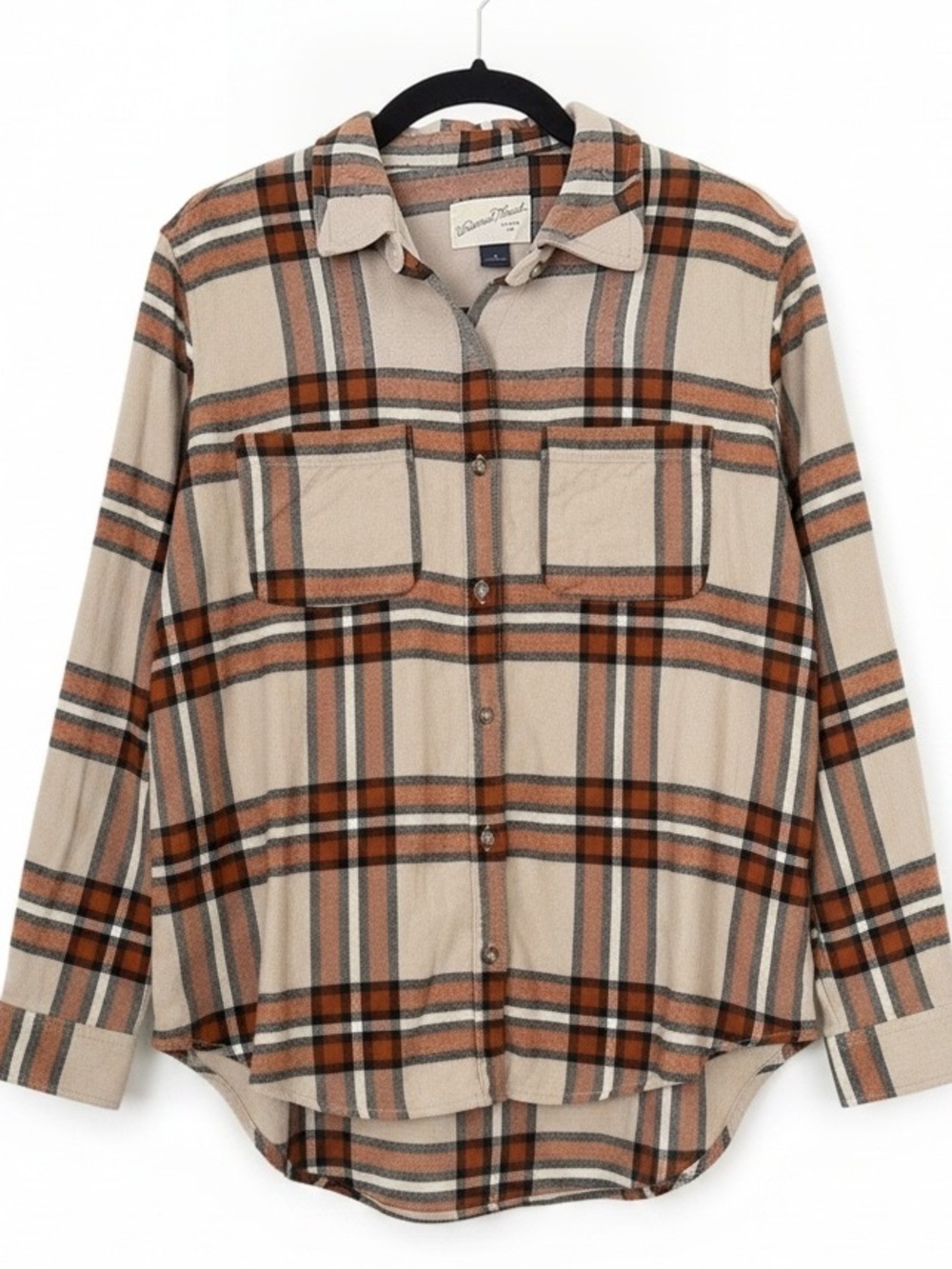 UNIVERSAL THREAD tan & rust cotton blend plaid flannel shirt size Small